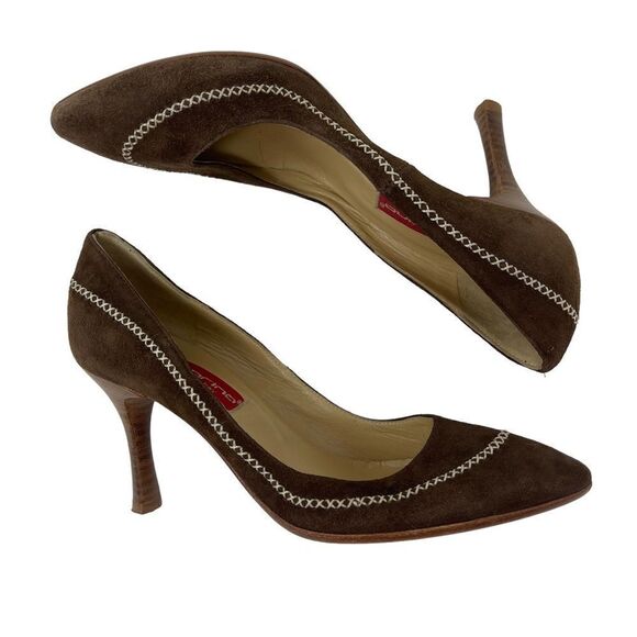 Fornarina Suede Pumps Stacked Heels Brown Women's EU 36 Cross Stitch Detail - Picture 5 of 9